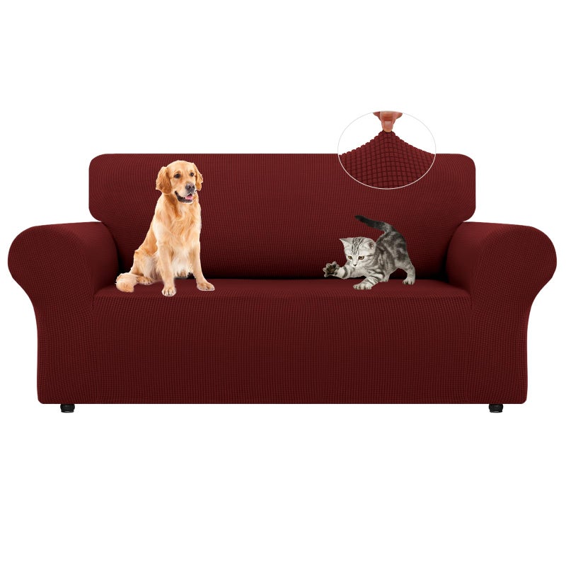 LURKA Stretch Loveseat Sofa Slipcovers 1 Piece Couch Covers for Sofa Furniture Protector Full Sofa Covers with Elastic Bottom for Kids and Dog (Medium Dark Red) - Image 1